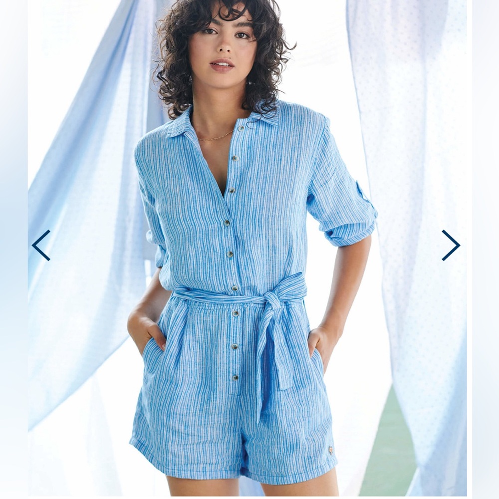 Hatley 💯 Linen Giselle Romper In French Blue Stripes